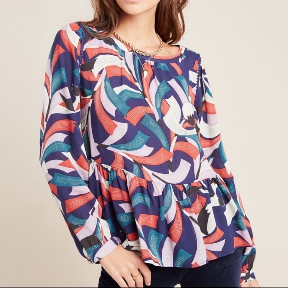 Maeve by Anthropologie Cheyenne Peplum Abstract Bird Pattern Blouse Size XS